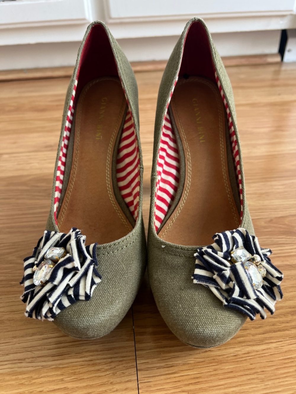 Gianni Bini Olive Canvas Floral-Embellished Heels
